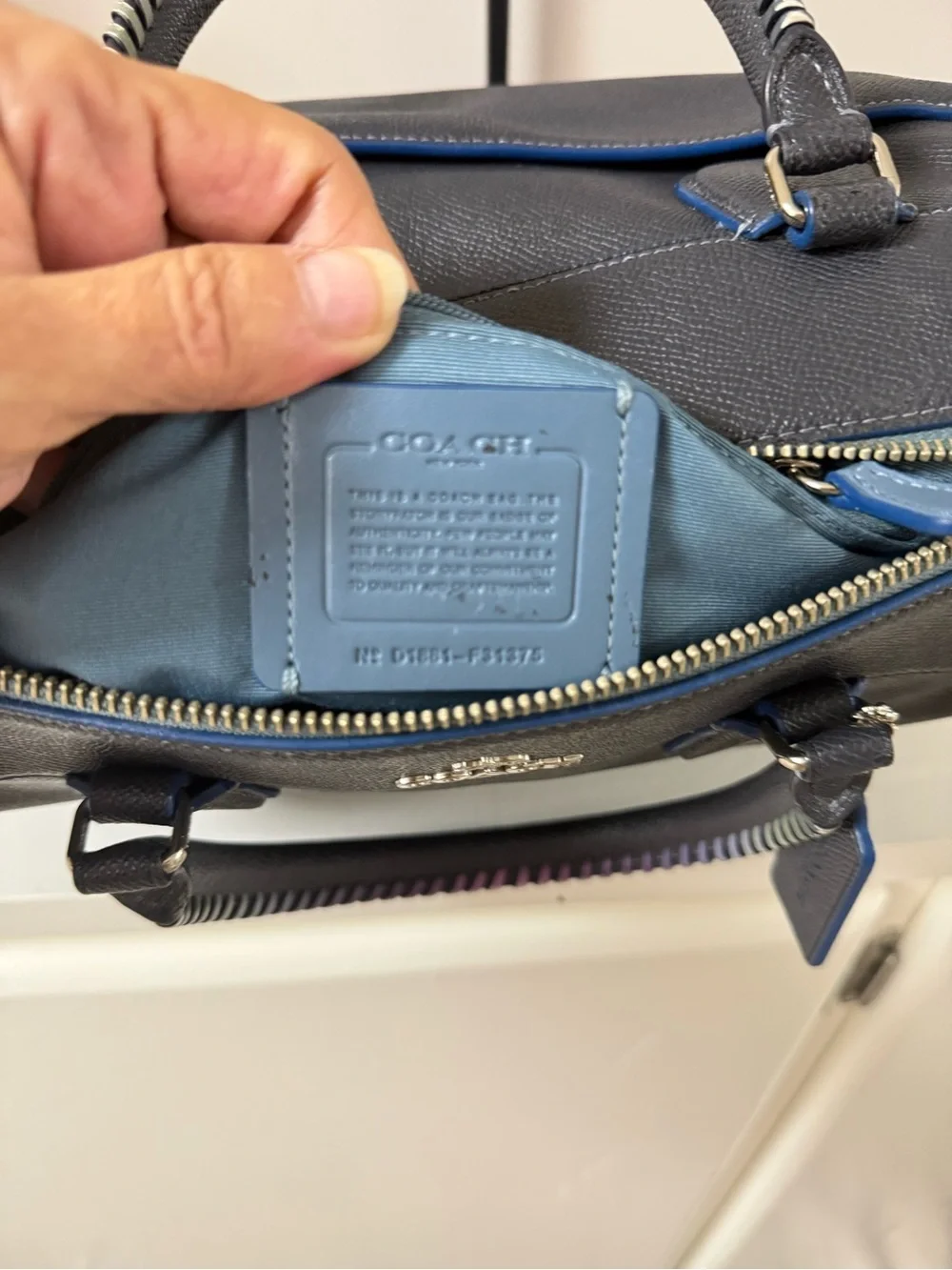 Coach Navy Pebbled Leather Satchel with whipstitch Top Handles!